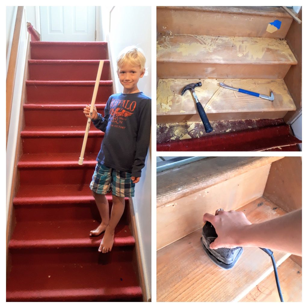 This image has an empty alt attribute; its file name is diy-faux-shiplap-removing-carpet-from-hardwood-but-first-we-craft-1.jpg